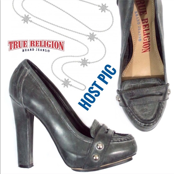 True Religion Shoes - Hathaway Loafer Heels Distressed Blk/Gray 6.5